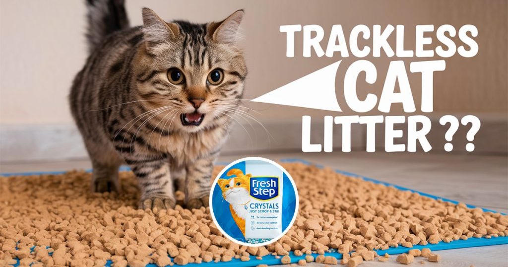 Tabby cat on a litter mat with trackless cat litter and Fresh Step Crystals
