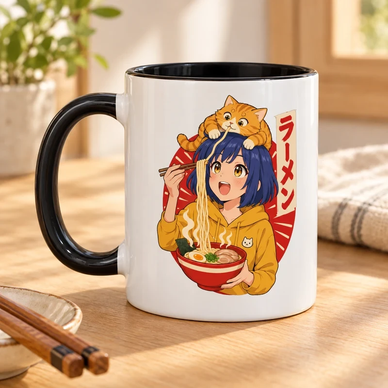 Anime Girl and Cat Sharing Ramen mug with an original cat design