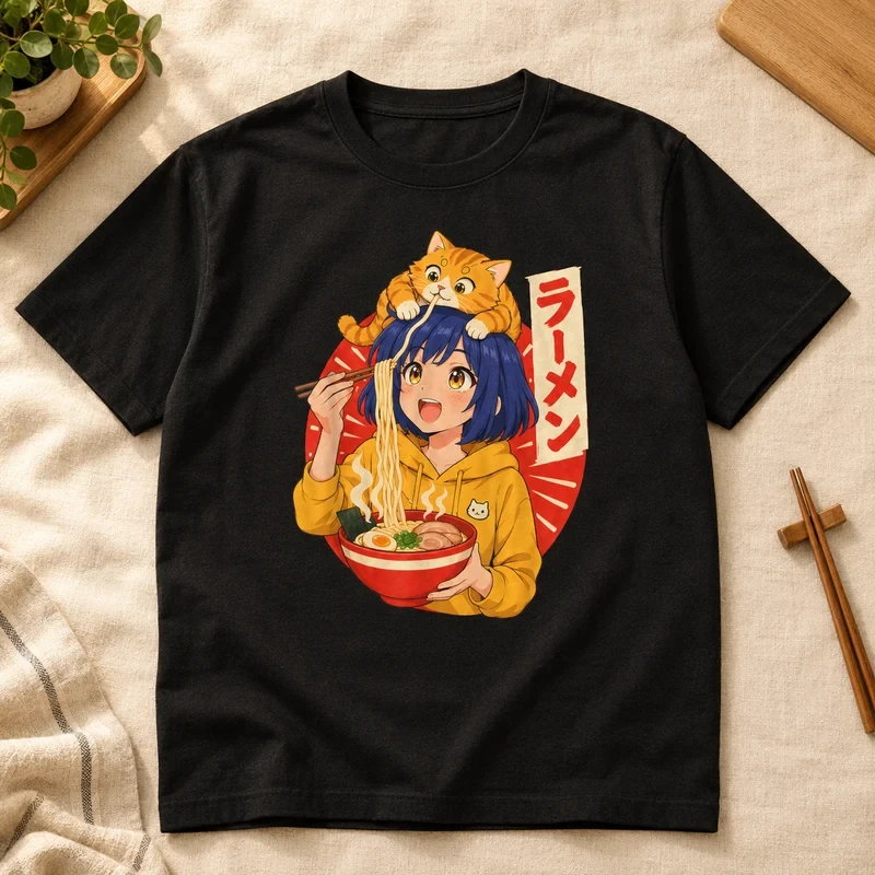 Anime Girl and Cat Sharing Ramen t-shirt with an original cat design