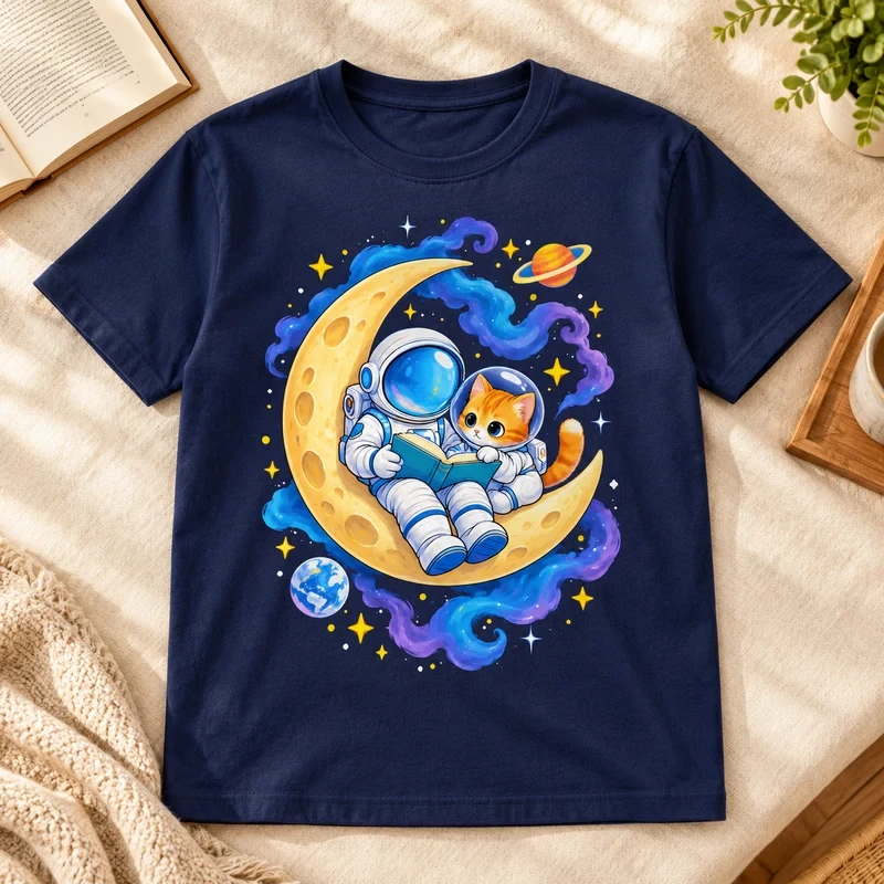Astronaut and Cat Reading on the Moon t-shirt with an original cat design