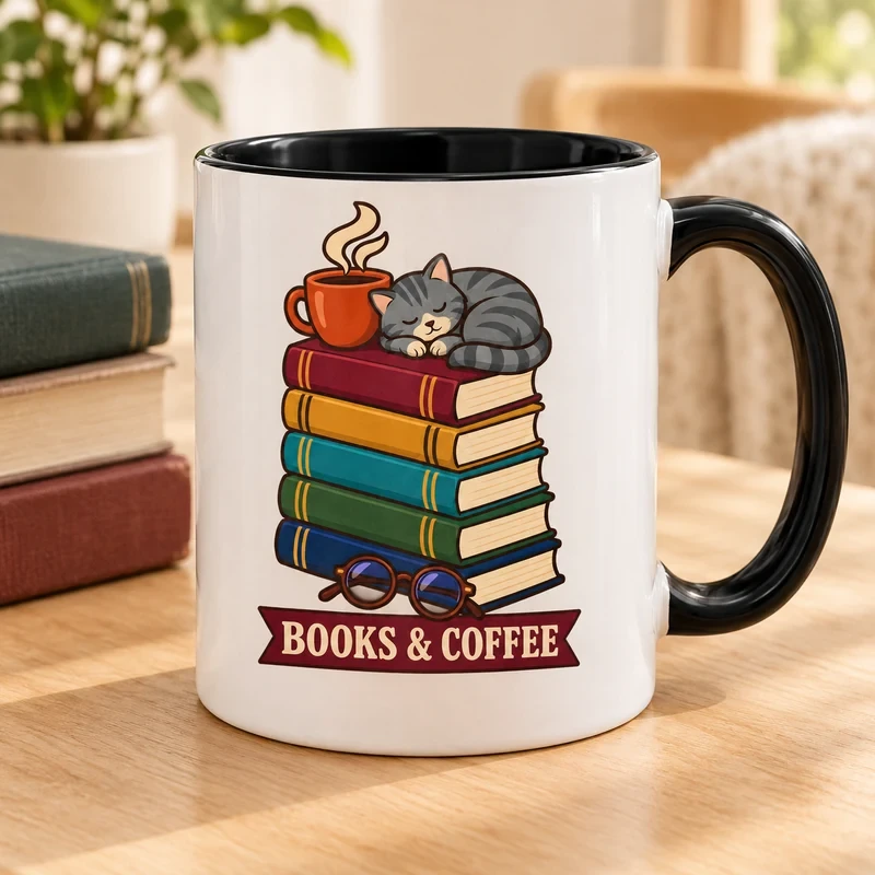 Books and Coffee Cat mug with an original cat design