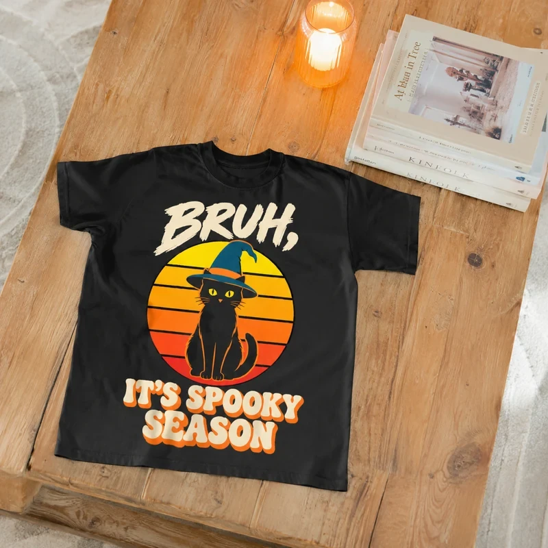 Bruh, It's Spooky Season t-shirt with an original cat design