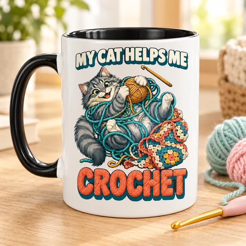 My Cat Helps Me Crochet mug with an original cat design