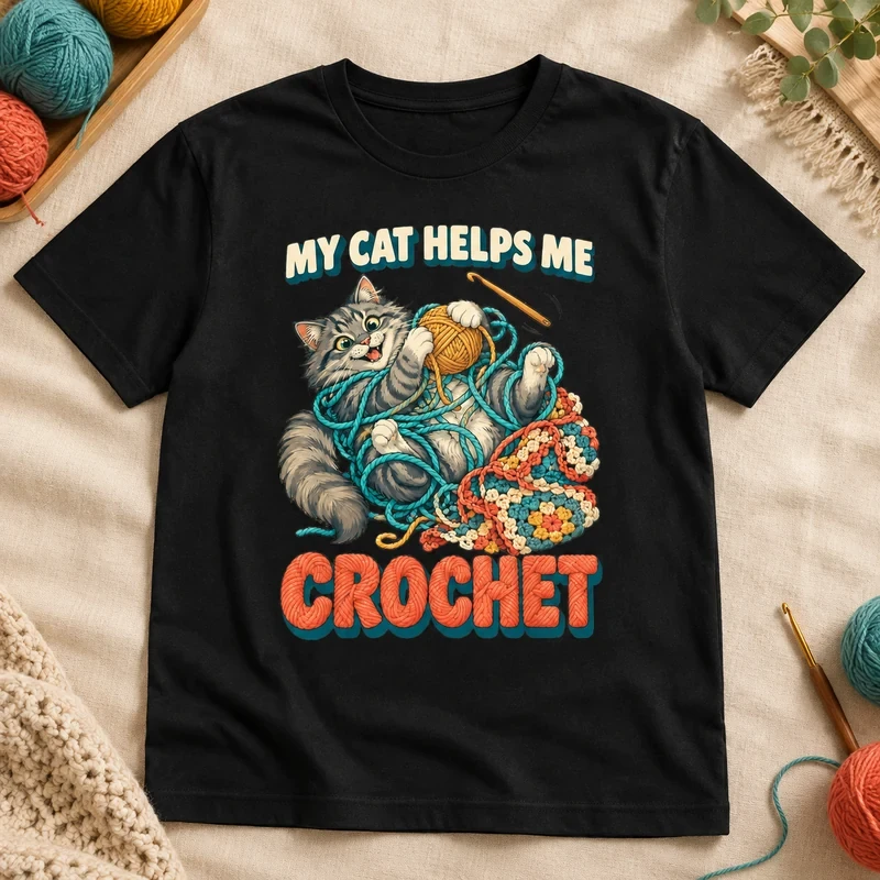 My Cat Helps Me Crochet t-shirt with an original cat design