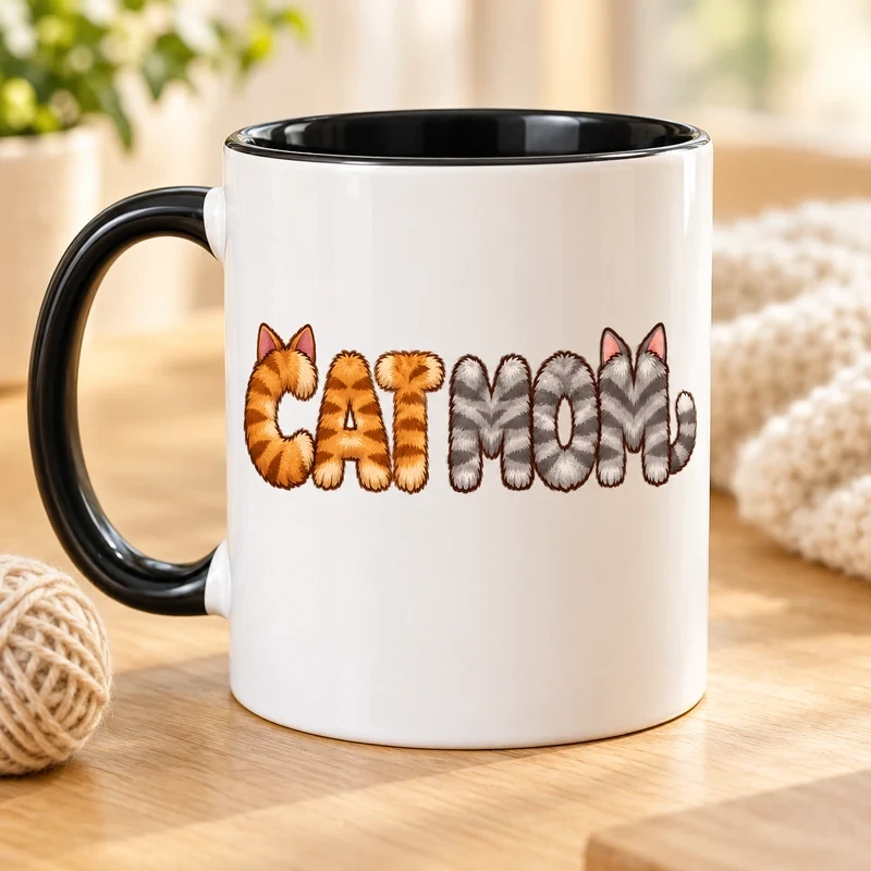 Cat Mom Fur Letters mug with an original cat design