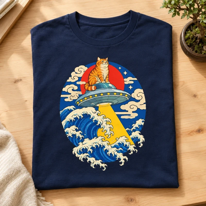 Cat Riding a UFO Over the Great Wave t-shirt with an original cat design