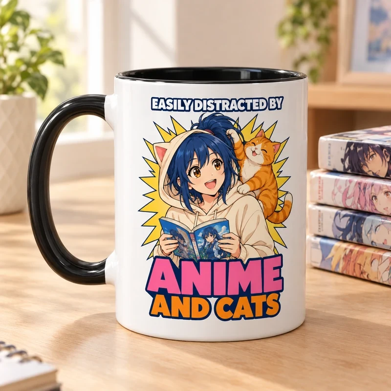 Easily Distracted by Anime and Cats mug with an original cat design