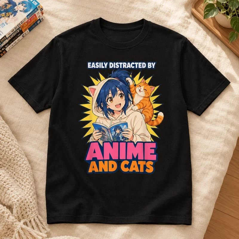Easily Distracted by Anime and Cats t-shirt with an original cat design