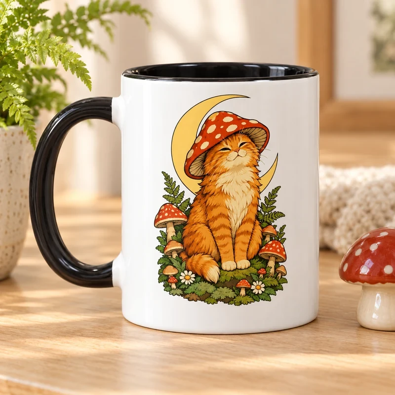 Cat Wearing a Mushroom Cap mug with an original cat design