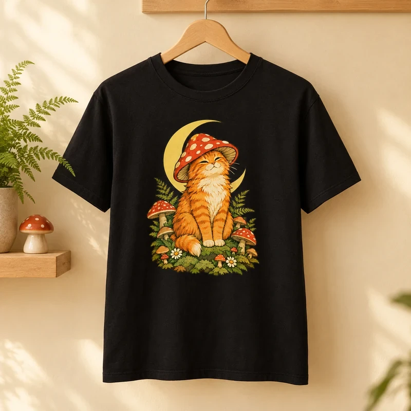 Cat Wearing a Mushroom Cap t-shirt with an original cat design