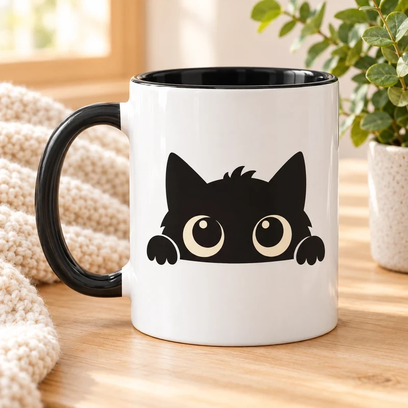 Peeking Cat with Big Eyes mug with an original cat design