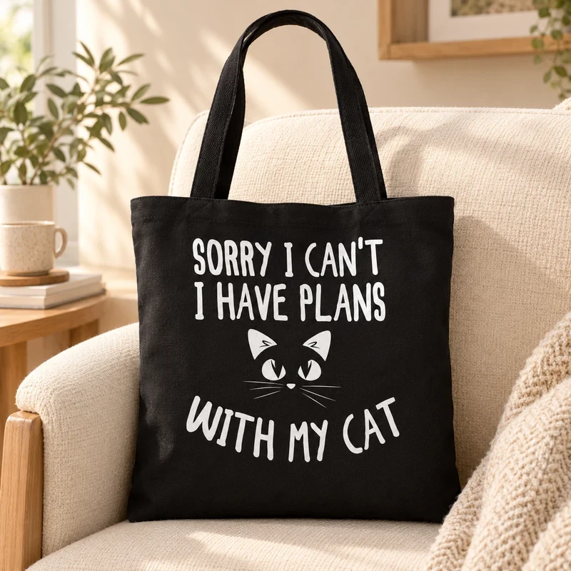 Sorry I Can't, I Have Plans With My Cat tote bag with an original cat design