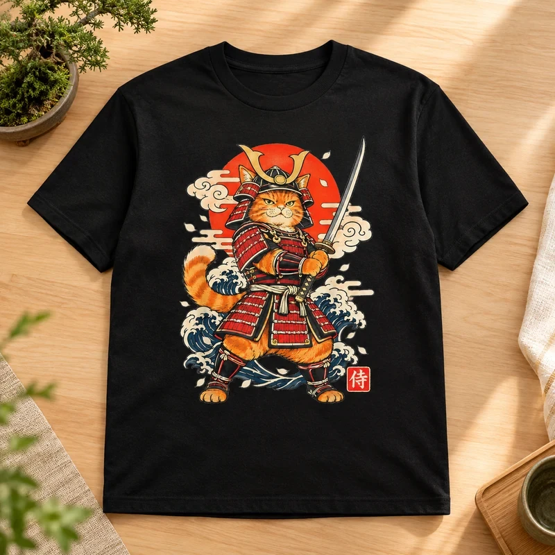 Samurai Cat in Armor t-shirt with an original cat design
