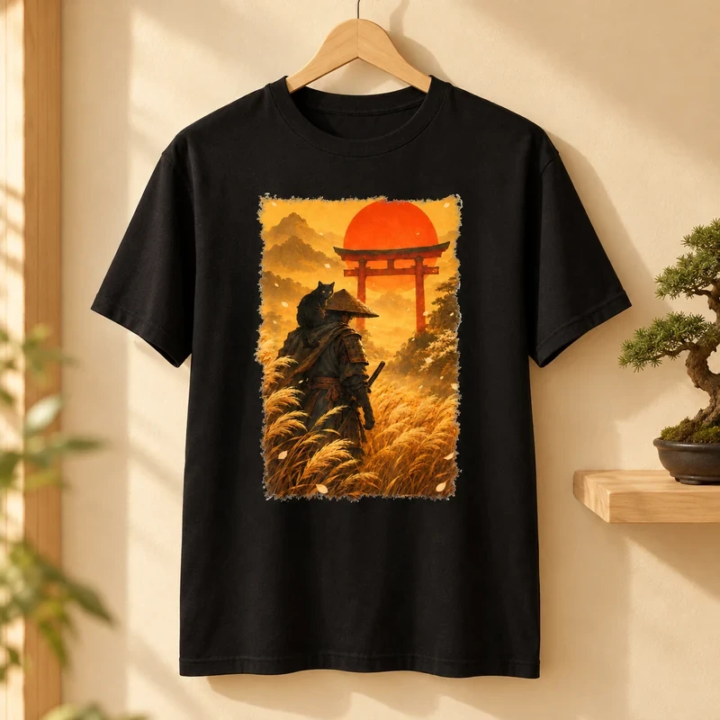 Samurai with Cat at the Torii Gate t-shirt with an original cat design