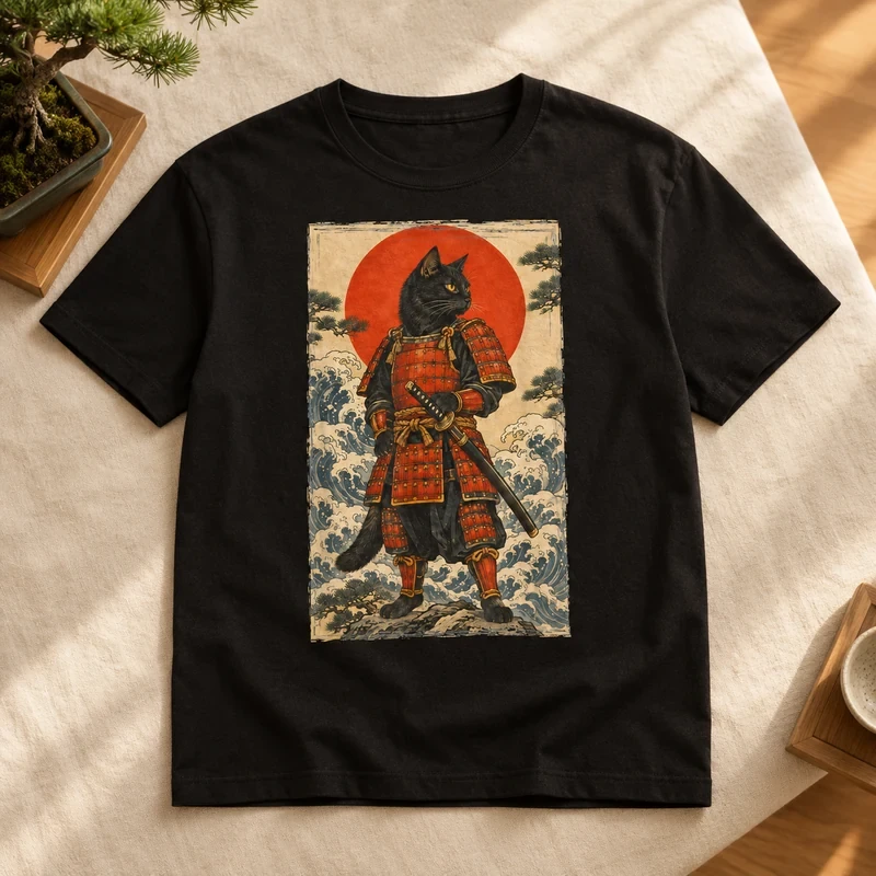 Samurai Cat Woodblock Waves t-shirt with an original cat design