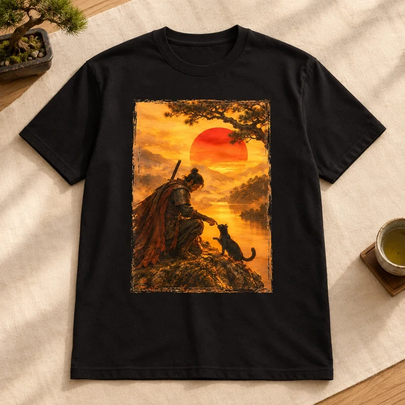 Samurai Kneeling with His Cat t-shirt with an original cat design
