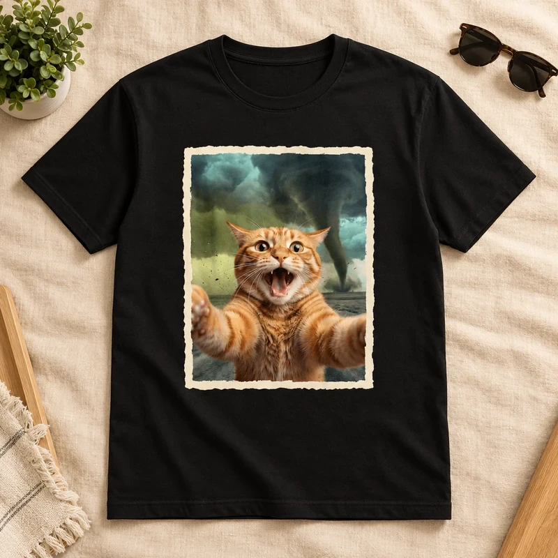 Screaming Cat Tornado Selfie t-shirt with an original cat design