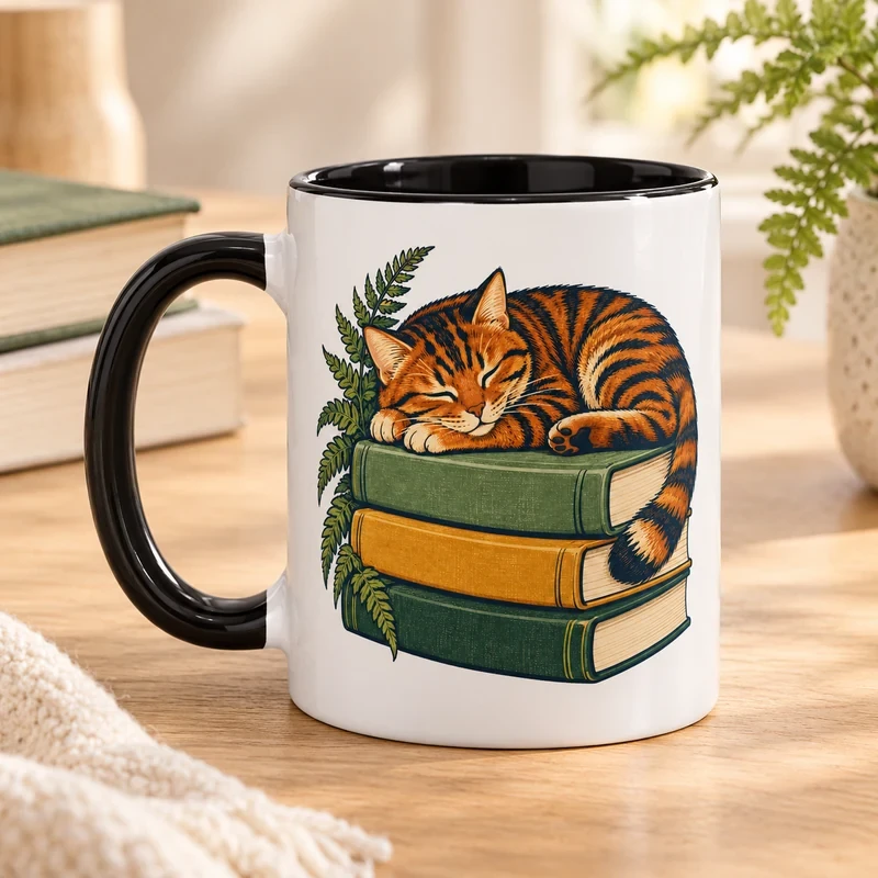 Sleeping Tabby on Books mug with an original cat design