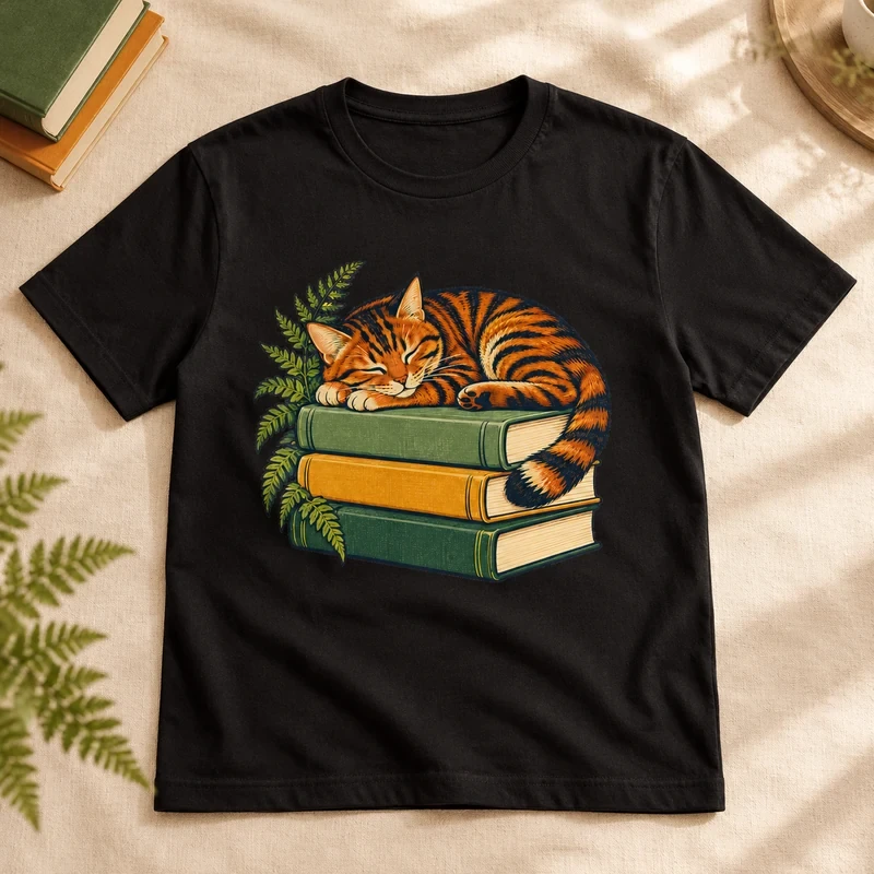 Sleeping Tabby on Books t-shirt with an original cat design