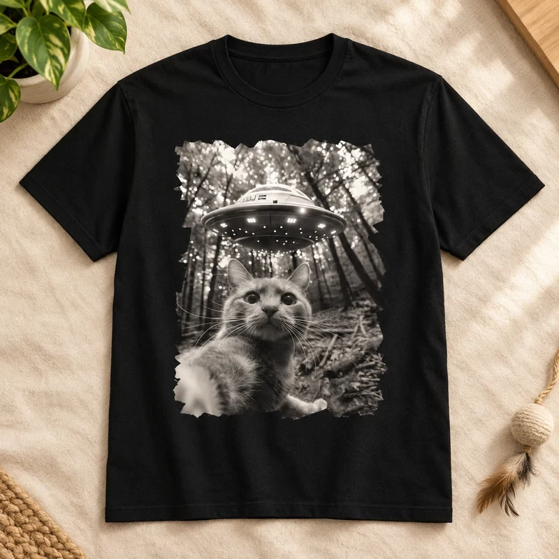 Cat UFO Selfie t-shirt with an original cat design