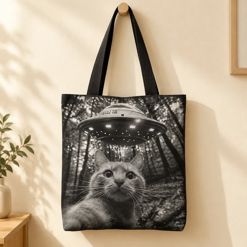 Cat UFO Selfie tote bag with an original cat design