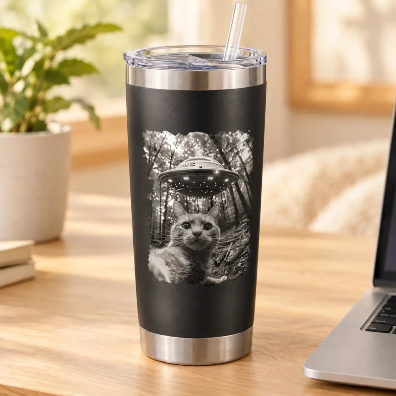 Cat UFO Selfie tumbler with an original cat design